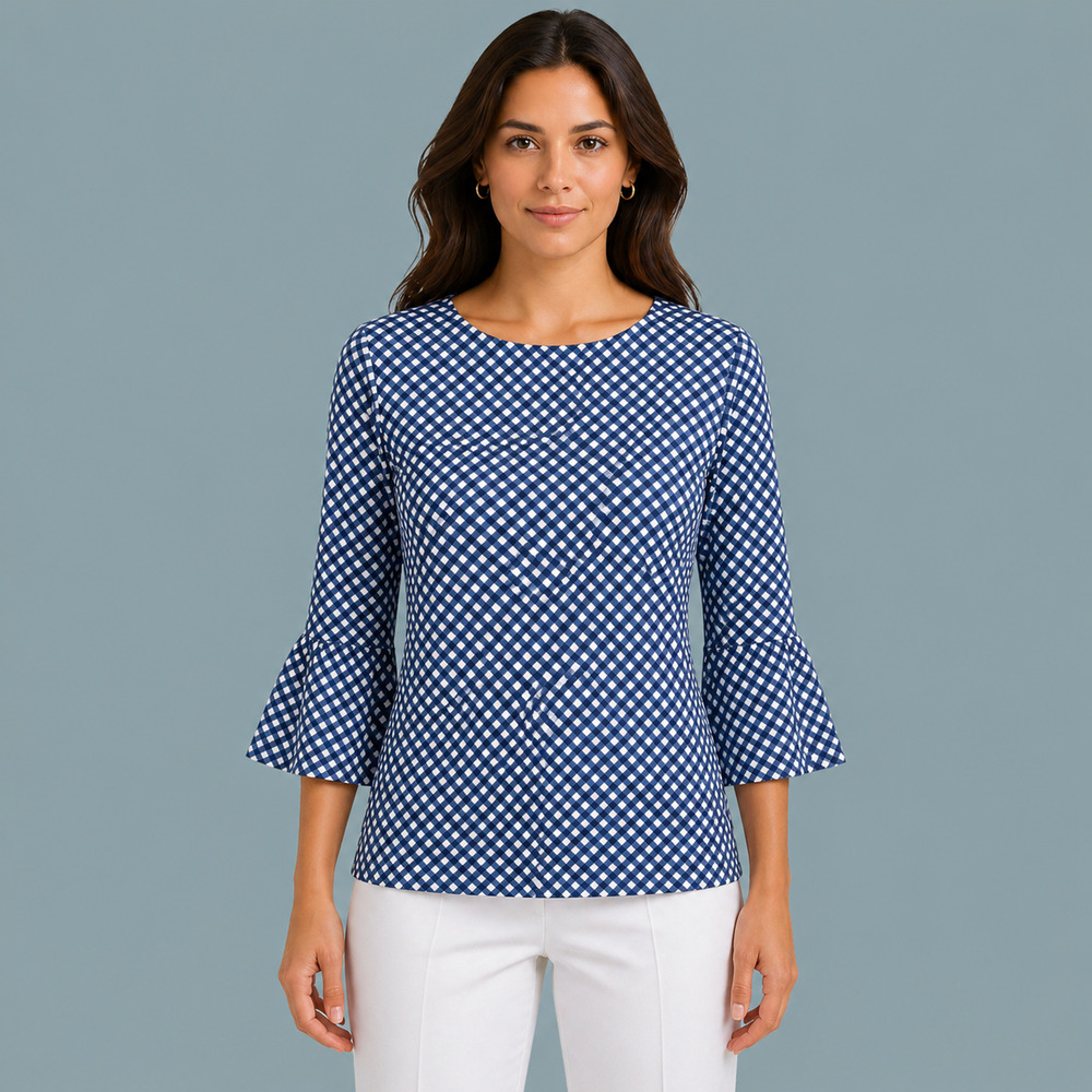 J. McLaughlin Size XS Blue Catalina Cloth Gingham Plaid Bell Knit 3/4 Sleeve Top